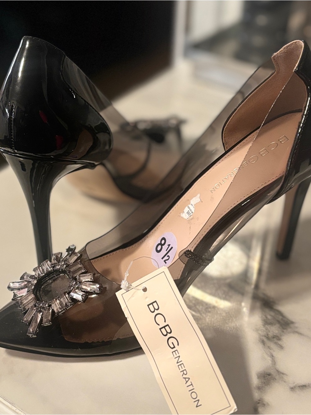 BCBGeneration Black Patent & Clear Embellished Pointed Heels